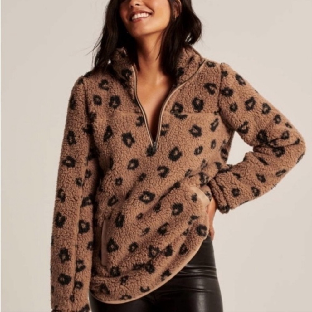 Abercrombie & Fitch Half Zip Leopard Sherpa Jacket Faux Leather Trim, XXSmall